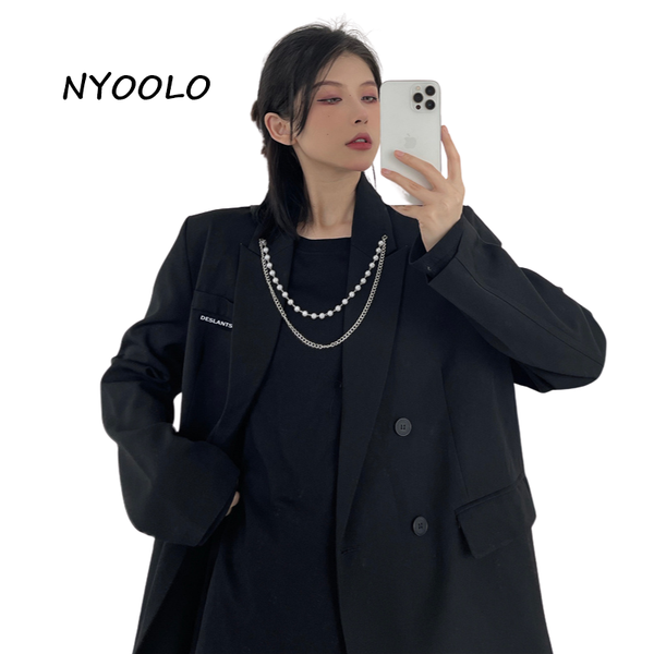 

women's suits & blazers nyoolo high street big pockets single breasted chain oversized black blazer jacket women cloth spring autumn of, White;black