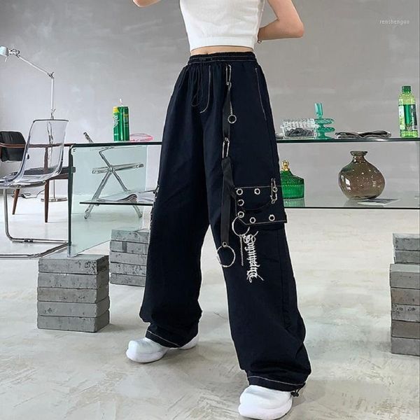

women's pants & capris cool gothic harajuku black cargo women chain wide leg goth hippie streetwear white trousers loose female baggy f, Black;white