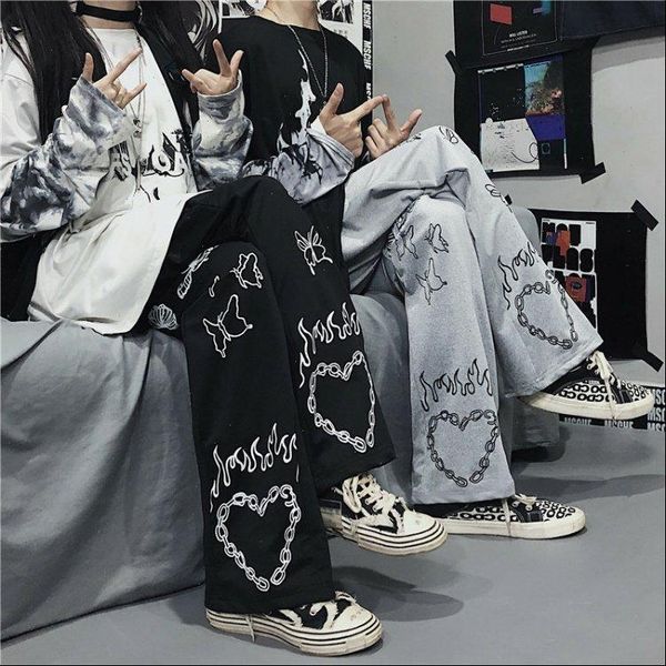 

streetwear gothic oversize women pant wide leg trousers casual hip hop y2k harajuku femme pantalon vintage dark aesthetic, Black;white