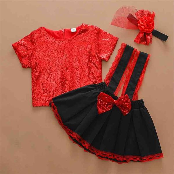 Verão Vermelho Sequin Decoração Top + Black Strap Skirt Bowknot Girl Girl Set Kid terno roupas conjuntos de roupas de bebê 210528