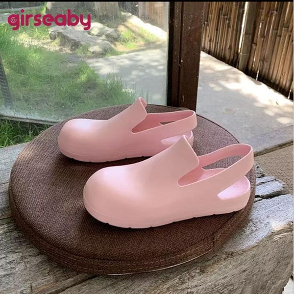 

sandals girseaby 2021 cute flat jelly candy colour platform slip on round toe back strap slingbacks beach us8 9 green pink a4378, Black