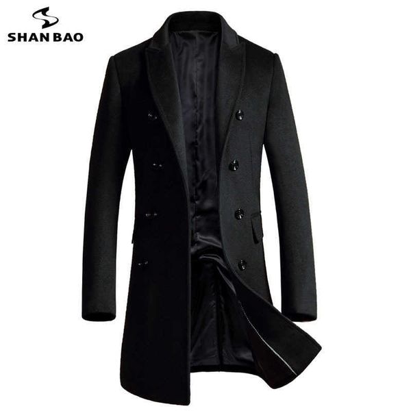 SHAN BAO Markenkleidung Herren Slim Long Wollmantel Herbst und Winter Zweireiher Business Casual Mantel Schwarz Grau Rot 211011