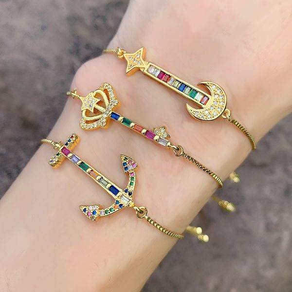 

gold-plated strands adjustable rhinestone crystal crown colourful bracelet, Black