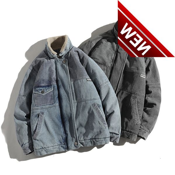 

winter new japanese pocket decoration denim thickening wild collar jacket coat male, Black