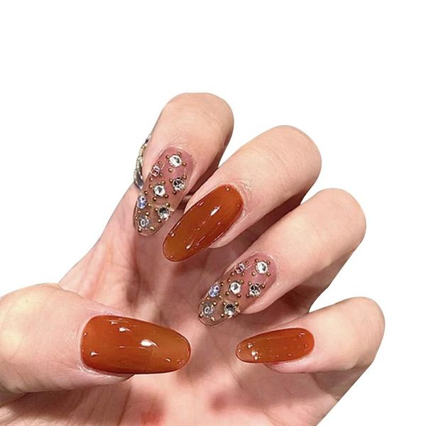 

24pcs/box long french false yellow ballerina fake nails detachable nail tips with rhinestones press on art tool, Red;gold