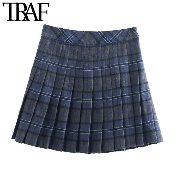 

traf women chic fashion with lining pleated mini skirt vintage high waist side zipper female skirts mujer 210415, Black