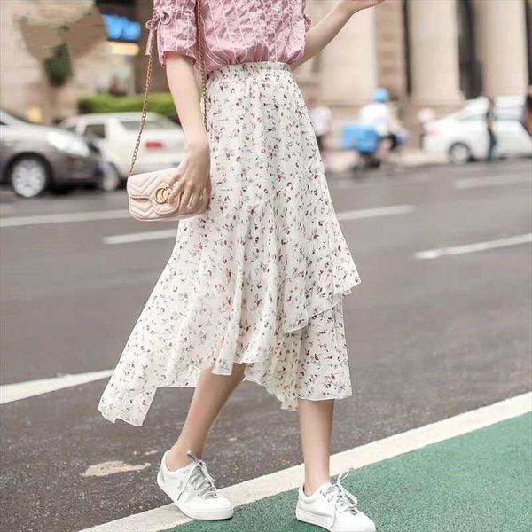 

bohemian ruffled high waist chiffon womens skirts summer thin floral print beach pleated female party club midi, Black