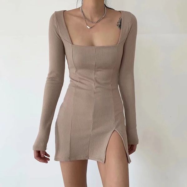 

shinysweety 2021 spring elegant elastic woman thin square turtleneck slit mesh-knit minimesh dress party dresses, Black;gray
