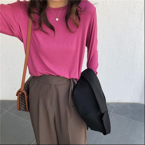 

autumn solid women t shirt color modal woman shirts korean round neck long sleeve fashion basic, White
