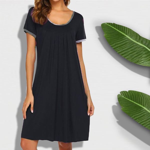 

casual solid pleated round neck women sleepwear nightwear fashion patchwork nightdress nightgown cozy loungewear sleep wear, Black;red