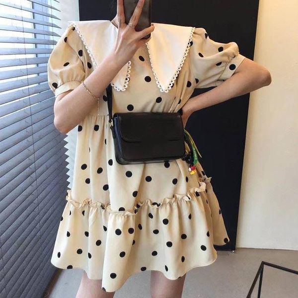 

casual dresses [ewq] black age playful lapel contrast color polka dot loose puff sleeves ruffles dress fashion tide summer 16f0867, Black;gray