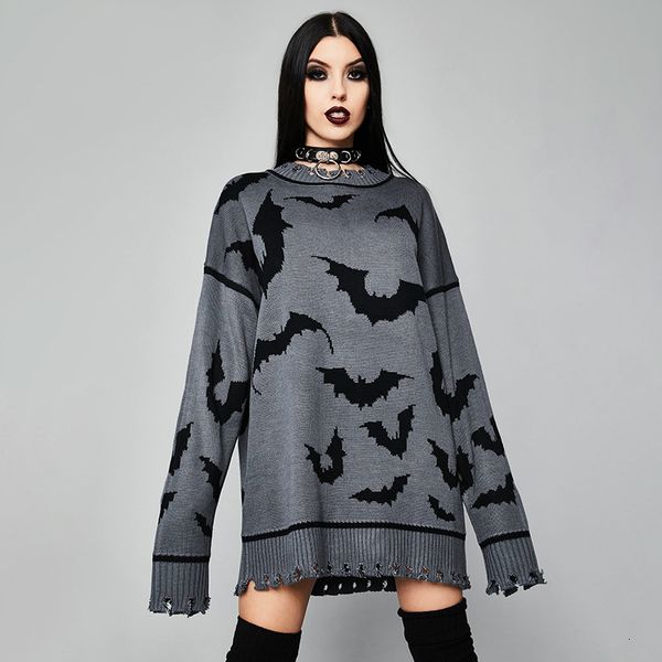 

Retro long hole Harajuku Gothic grey bat sweater, White