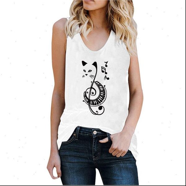 

casual musical note cat women tank print clothes summer sleeveless loose harajuku verano mujer, White