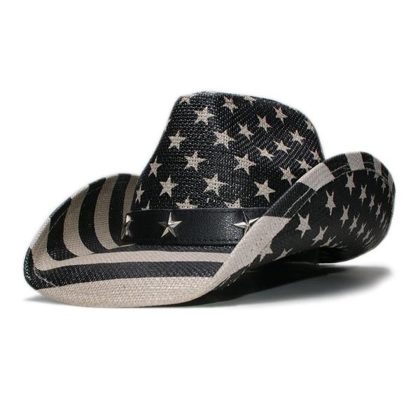 

cloches retro national flag unisex's hard paint straw wide brim stripe sun beach cowboy cowgirl western hat leather star band (58cm), Blue;gray