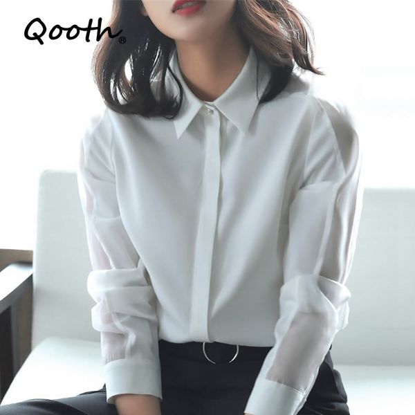 

qooth chiffon loose design shirt women's long-sleeved plus size shirt western style elegant office lady shirt 3xl qt557 210518, White