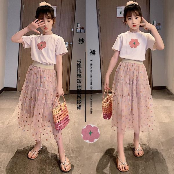 

clothing sets summer girls children clothes suit 2021 big children's mesh skirt+short-sleeved t-shirt 2pcs kids, White