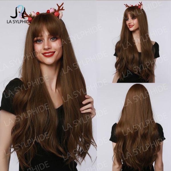 

synthetic wigs straight brown long cute bangs for women girls brand, Black
