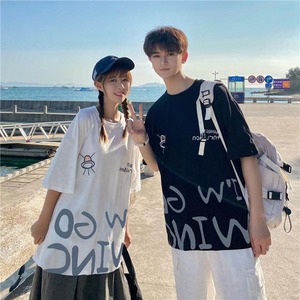 

letter printed casual loose oversized korean style 2021 summer short sleeve plus size women female t-shirts for girls women's t-shirt, White