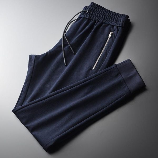 

men's pants elastic waist casual autumn middle-aged solid color zipper closure sports leggings, Black