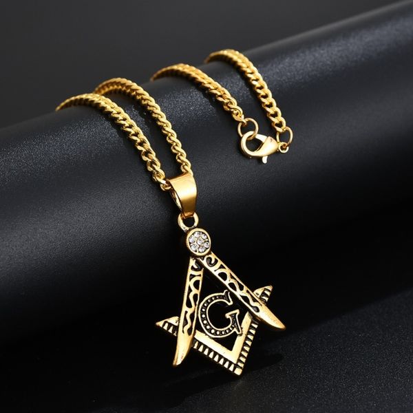 Herren Gold Freimaurer Symbol Halskette Edelstahl Mode Punk Retro Freimaurer Anhänger mit 20-27