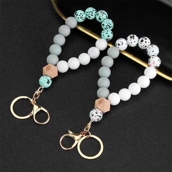 

charm bracelets fashion silicone color beads bracelet bangle key chain women large beaded bangles with keychain wristlet jewelry female, Golden;silver