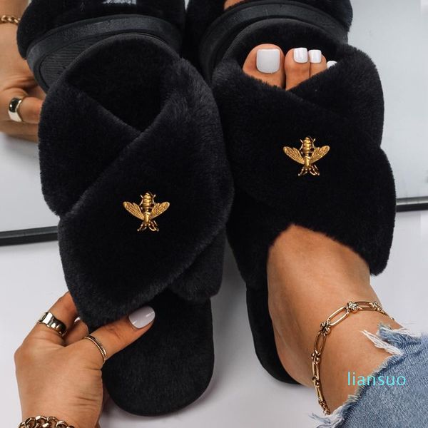 

slippers ethel fluffy women faux fur slides indoor female flip flops plush sandals flat open toe luxury designer shoes, Black