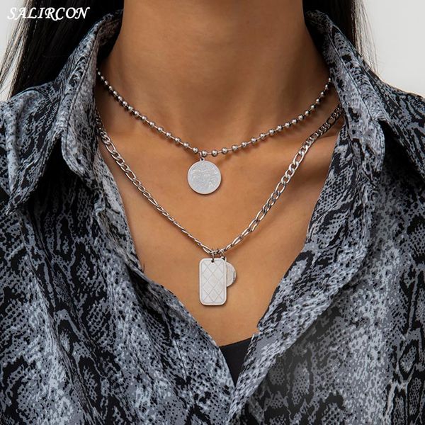 

goth stainless steel geometric coin pendant necklace kpop aesthetic heart round letter link chain for women jewelry chains, Silver