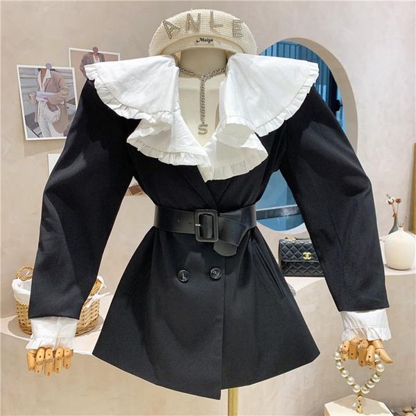 

women's suits & blazers clothing 2021 autumn winter color contrast large lapel coat casual loose medium length design jacket, White;black