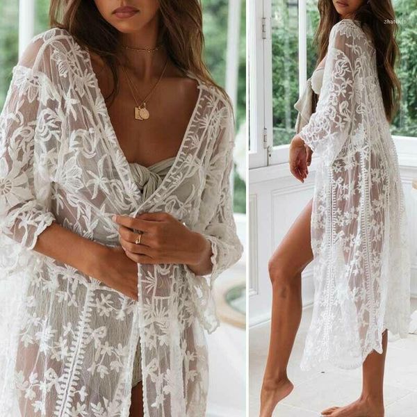

women's solid color floral lace embroidery long sleeve cardigan bikini cover up summer holiday beachwear cover-ups1, White;black