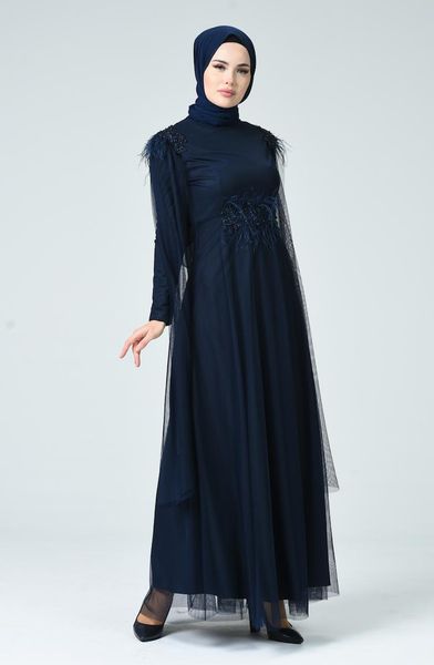 

ethnic clothing minahill feather tulle evening dress navy blue 5234-01, Red