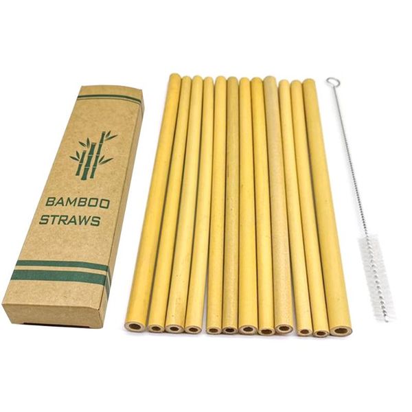 

drinking straws 12pcs portable reusable bamboo natural with brush cleaner for bar home party straw yellow