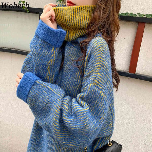 

casual loose women turntlenck sweater autumn winter fashion tie dye contrast lady pullover chic korean girls pull femme 210417, White;black