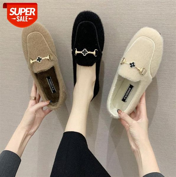 

short plush casual single shoes women metal rhinestone decoration women's shallow mouth #cj8u, Black