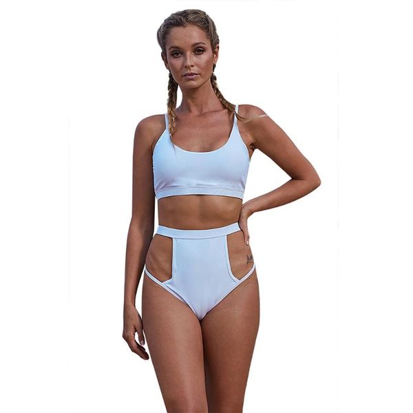 

women's swimwear bikini swimsuit two-piece solid color high waist hollow split casual spring, White;black