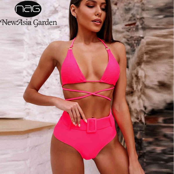 

newasia printed halter bikini high waist swimwear women push up bandage swimsuit padded bathing suit lace up bikinis 210413, White;black