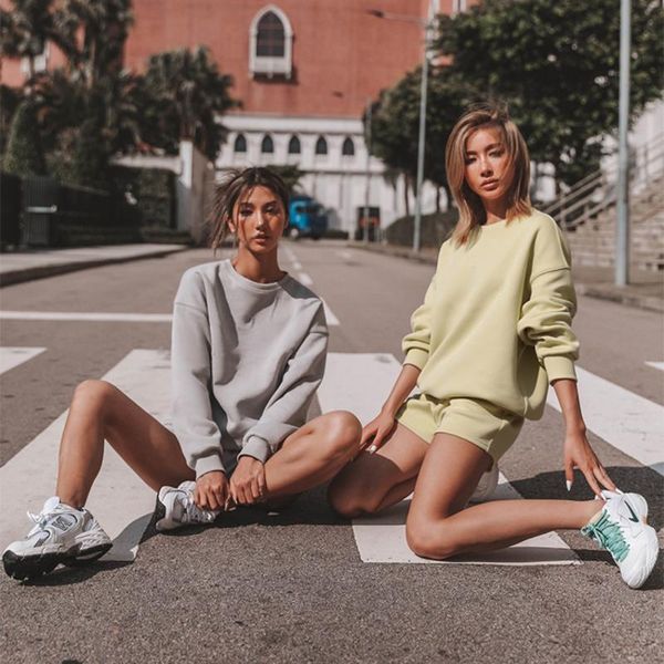 

women's tracksuits fashion casual two-piece suit, versatile sportswear solid color round neck long sleeve and high elastic waist shorts, Gray
