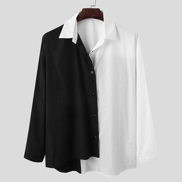 

men's casual shirts 2021 fashion patchwork men shirt turn down collar long sleeve streetwear button irregular camisa masculina incerun, White;black