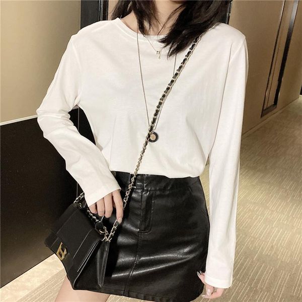 

women's sweaters spring 2021 pure cotton round neck loose long sleeves t-shirt white liner slimming bottoming shirt internet, White;black