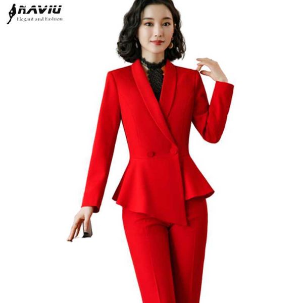 High-end calça vermelho terno mulheres moda forma formal manga comprida blazer e calças escritório senhoras negócio trabalho desgaste 210604