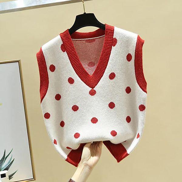 

women's vests women vest sweater 2021 fashion knitted loose vintage female waistcoat chic dot print clothes outfit, Black;white