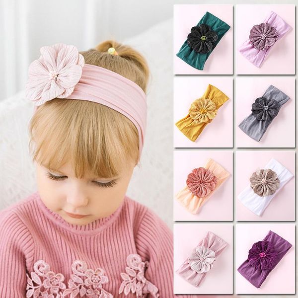 

baby turban super soft chiffon flower wide hair band solid color elastic nylon born accessories, Slivery;white