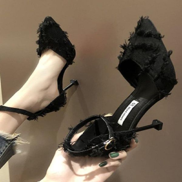 

spring and autumn all-match girl buckle pointed cat heel shoes dress, Black