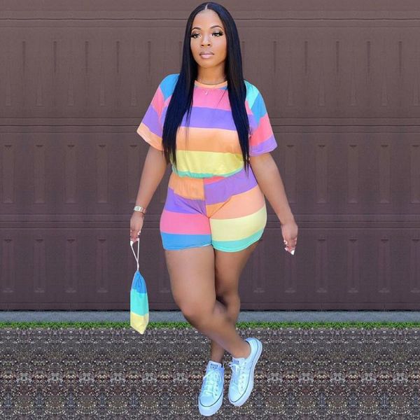 

women's tracksuits rainbow striped print two piece club outfits sweatsuit for women short sleeve o-neck t-shirt and biker female tracks, Gray