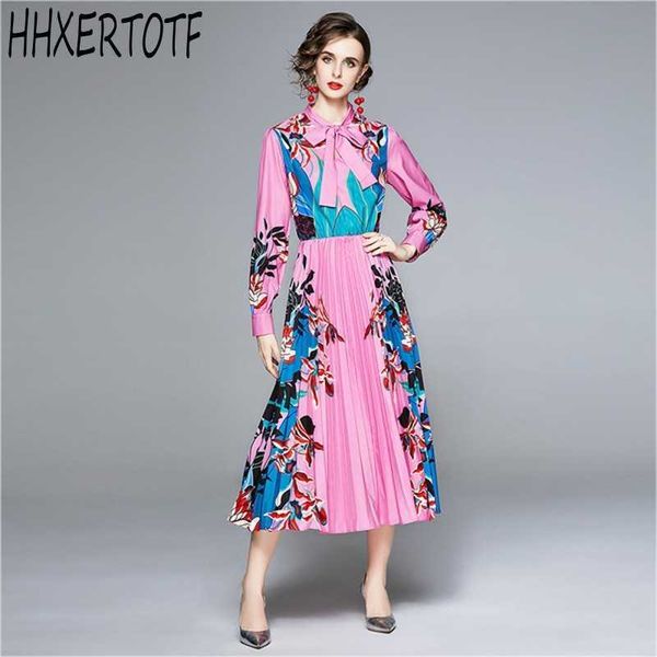 

autumn winter fashion designer bow collar maxi dres long sleeve flower print elegant vestidos 210531, Black;gray