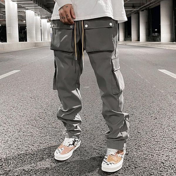 

men's pants high street multi-pocket casual trousers for men and women side breasted drawstring cargo harajuku solid loose 11sv, Black