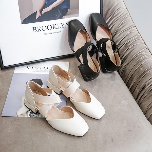 

widen elastic band offices sandals women shallow square toe mary janes shoes brief med high heels sandalias retro grandma, Black