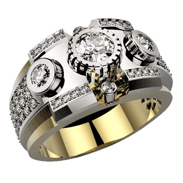 

cluster rings fashion mechanical rhinestone inlaid finger ring modern two-tone round geometric zircon hip hop jewelry men, Golden;silver