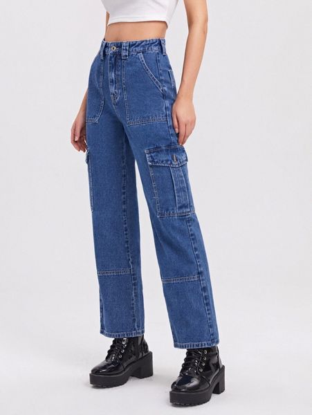

high waist cargo jeans g6h1#, Blue