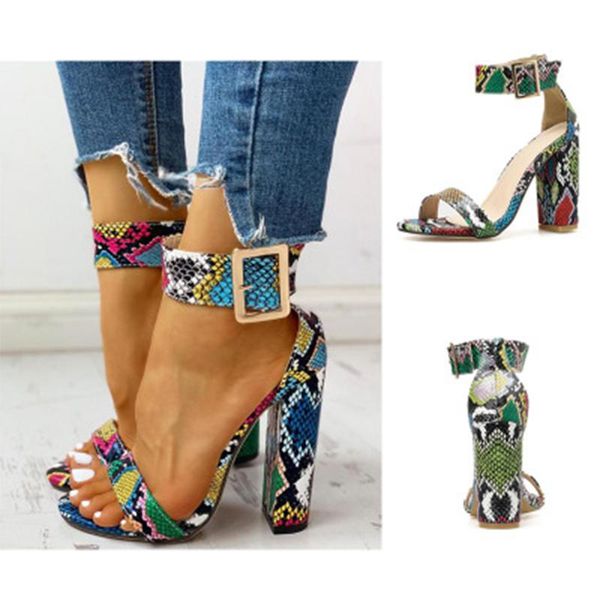 

snake nightclub women's shoes european and american roman sandals thick heel retro color pattern .5cm high heels, Black