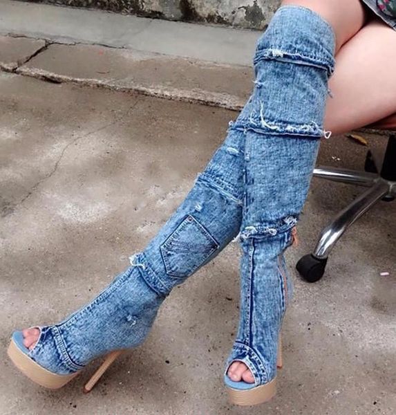 

boots denim splicing sandals women's summer cool fish mouth thin heel high slim lady's women, Black